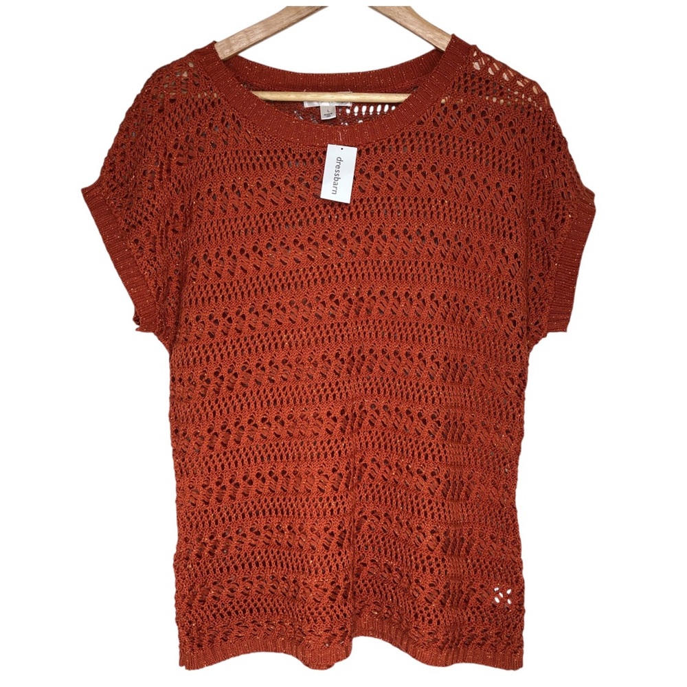 Dressbarn Made In Usa Open Knit Rust Orange Gold Thread Dolman Sleeve Top L New